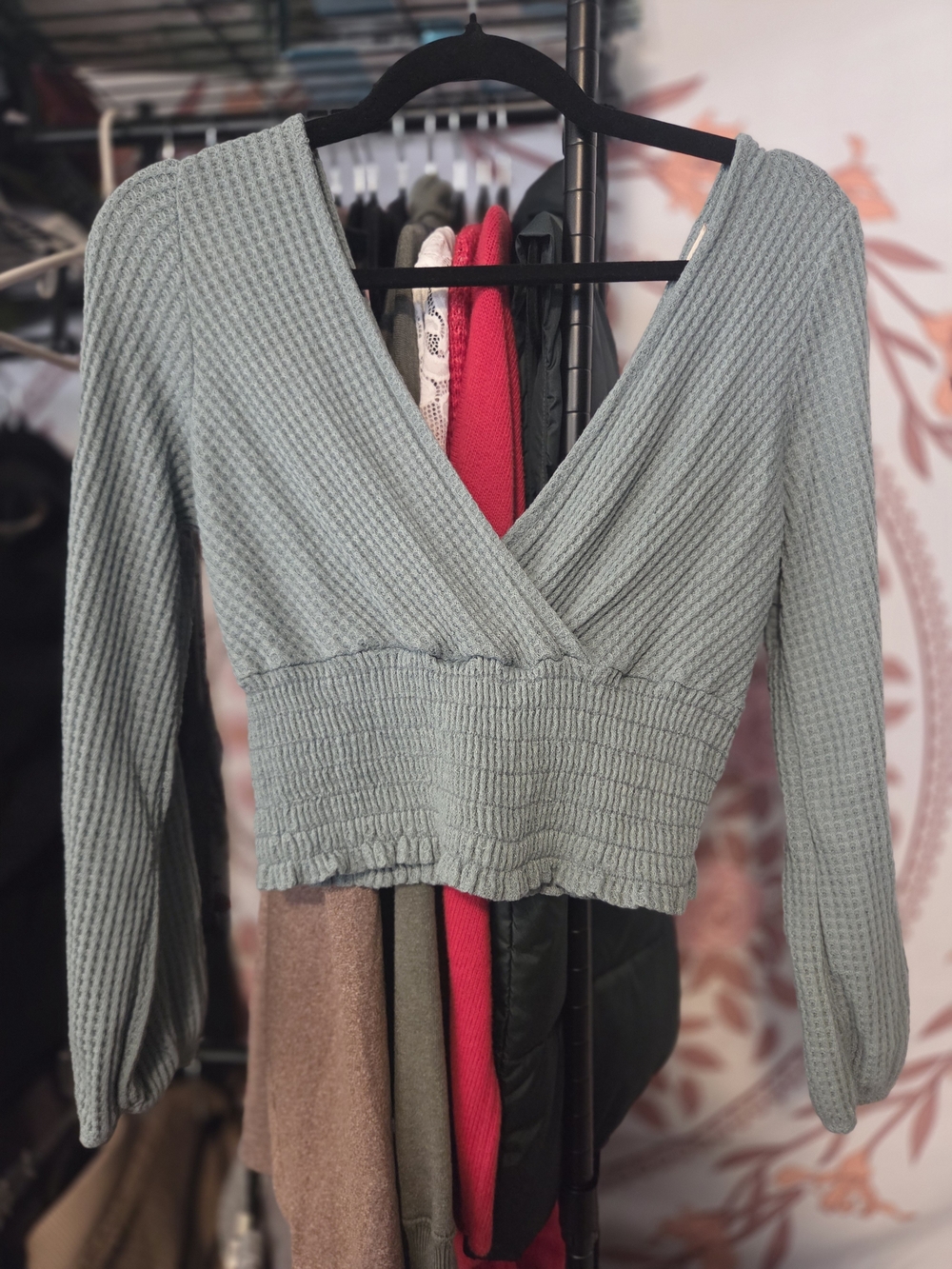 Altar'd State Sage Green Ribbed Wrap Crop Top